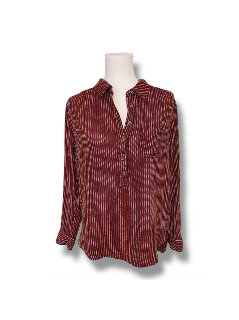 Anthropologie Isadora Button Back Tunic Burgundy Stripe Dot Wool Blend SIze S - Picture 2 of 13